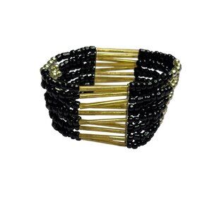 Black Goldtone Silvertone Beaded Stretch Bracelet Seed Beads Metallic Accents